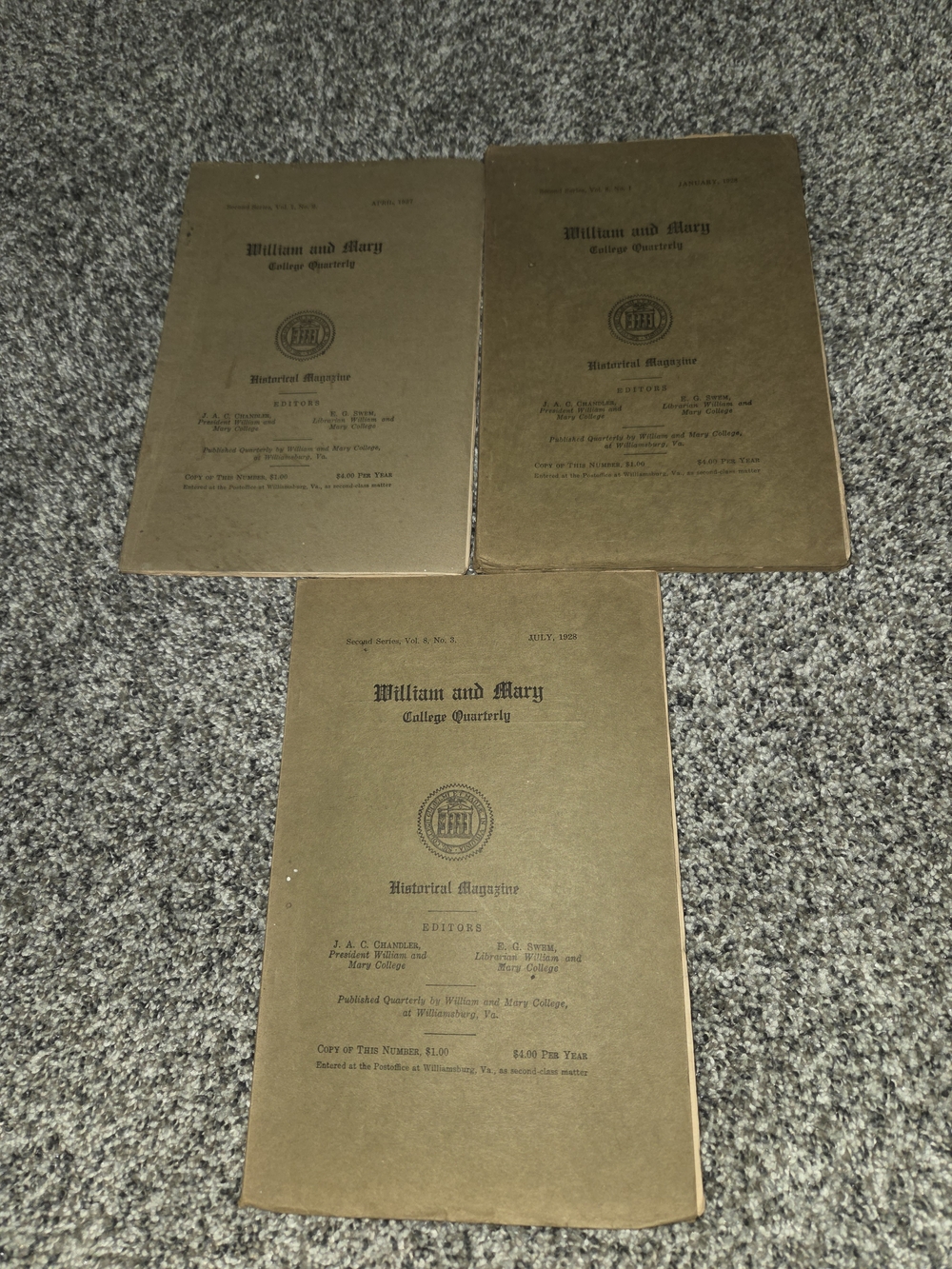 William and Mary College Historical Magazines Quarterly 3 Issues 1927-28
